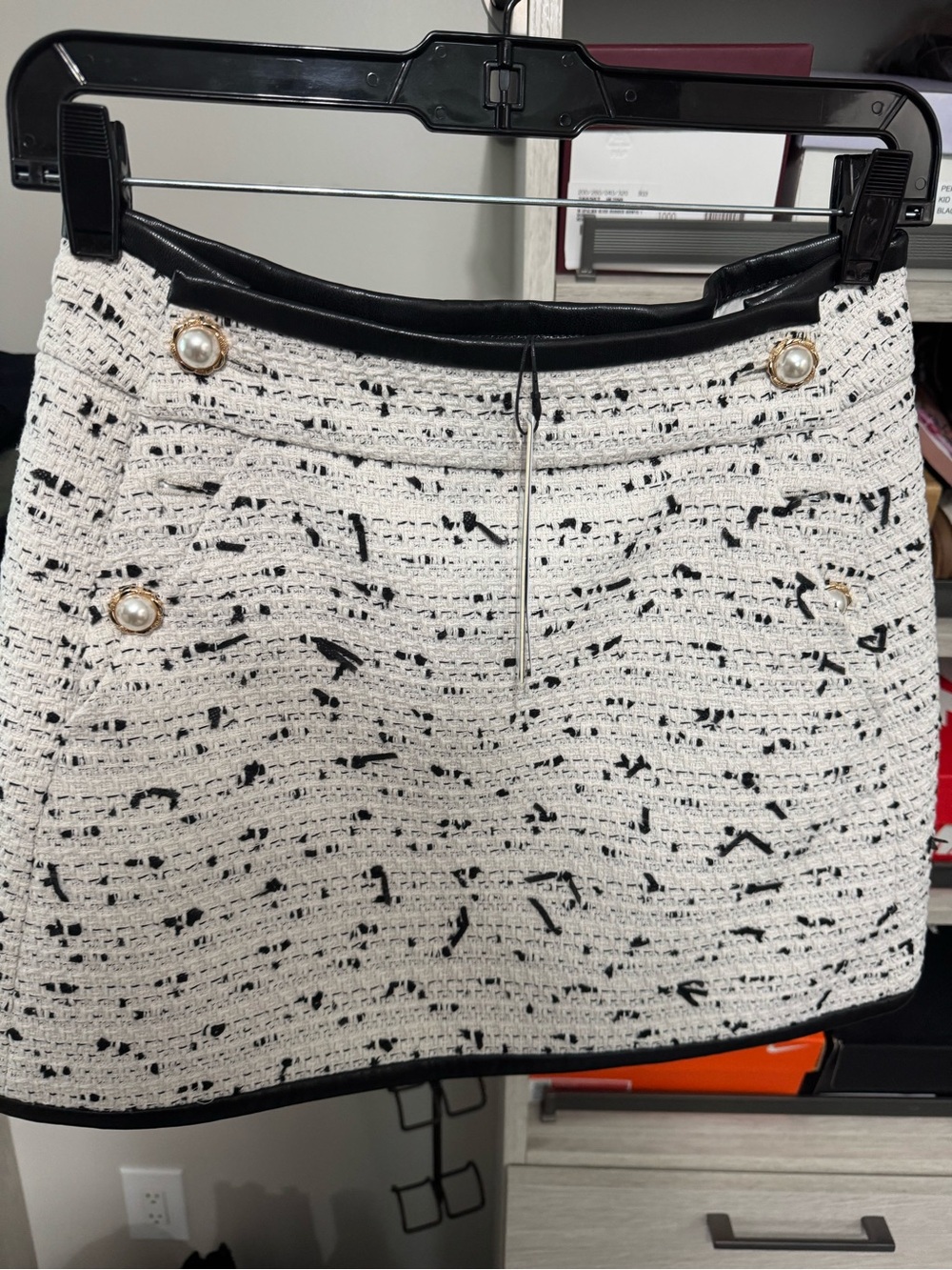 Alice + Olivia Black and White Tweed Mini Skirt with Pearl Buttons